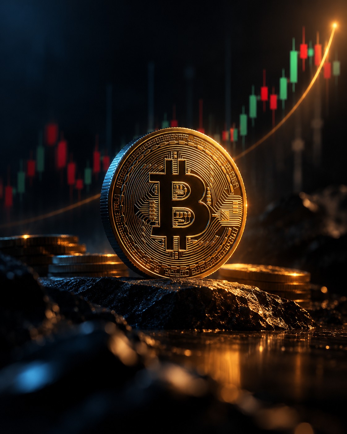 Moneda de Bitcoin dorada en primer plano sobre fondo oscuro, con gráfico de velas rojas y verdes en tendencia alcista de fondo